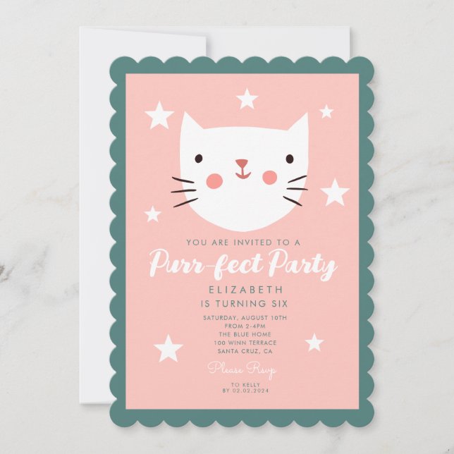 Invitación Cumpleaños de Cutie Kitty Pink Green Purple Stars (Anverso)