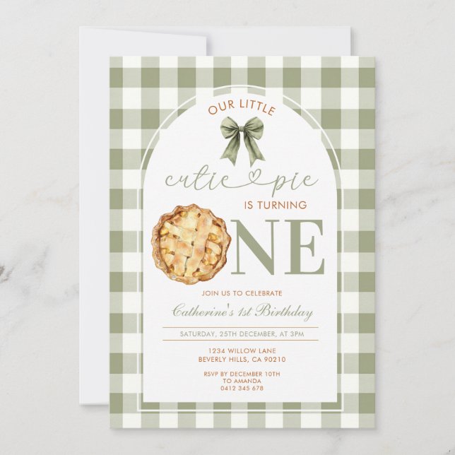 Invitación Cumpleaños de Cutie Pie con Gingham Verde (Anverso)