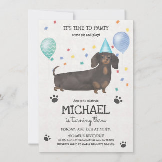 Invitación Cumpleaños de Dachshund Blue Lets Pawty