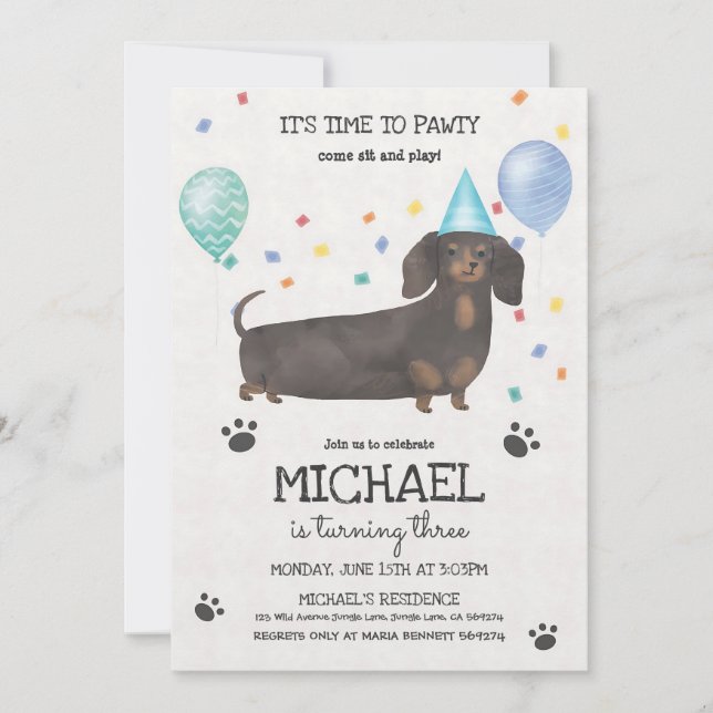 Invitación Cumpleaños de Dachshund Blue Lets Pawty (Anverso)
