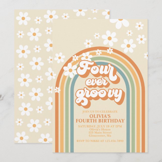 Invitación Cumpleaños de Daisy Cuatro Siempre Genial Retro Ar (Anverso / Reverso)