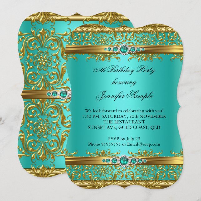 Invitación Cumpleaños de Damasco de Oro Verde Jade Elegante D (Anverso / Reverso)