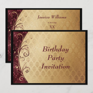 Invitación Cumpleaños de damasco dorado y destellos de borgoñ
