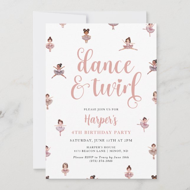Invitación Cumpleaños De Dance Y Twirl Ballerina (Anverso)