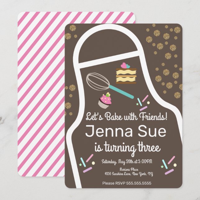 Invitación Cumpleaños de decoración de cupcakes con brillo (Anverso / Reverso)