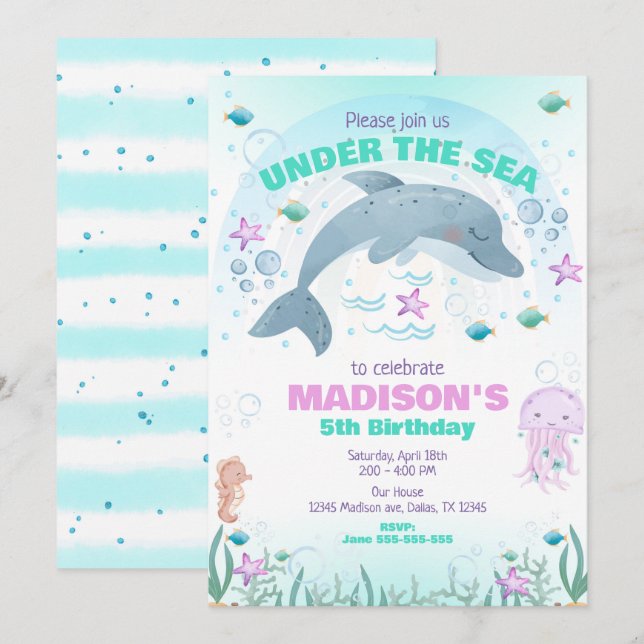 Invitación Cumpleaños de delfín bajo el mar (Anverso / Reverso)