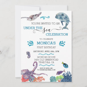 Invitación Cumpleaños de delfín bajo el mar Tortuga Oceánica 