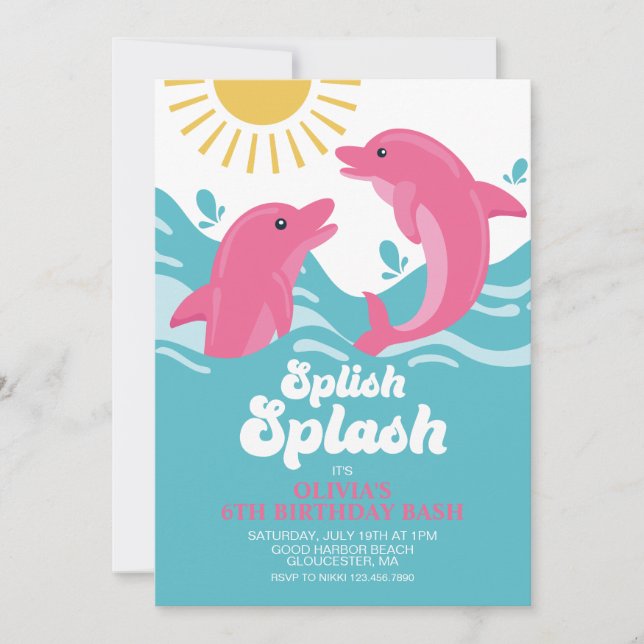 Invitación Cumpleaños de delfín rosa y morado (Anverso)