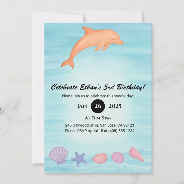 Invitación Cumpleaños de delfín rosa y playa de conchas marin (Anverso)