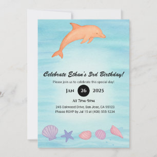 Invitación Cumpleaños de delfín rosa y playa de conchas marin