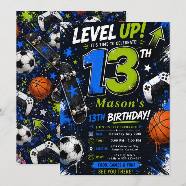 Invitación Cumpleaños de deportes de Level Up Gaming (Anverso / Reverso)