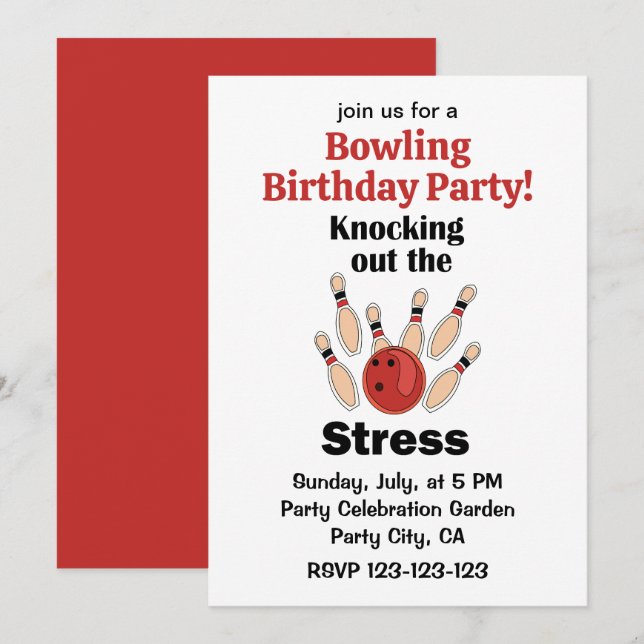 Invitación Cumpleaños de derribar el estrés con strike de bol (Anverso / Reverso)