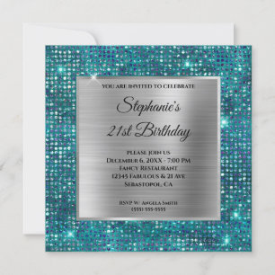 Invitación Cumpleaños de Diamante Azul Plateado Teal con Holo