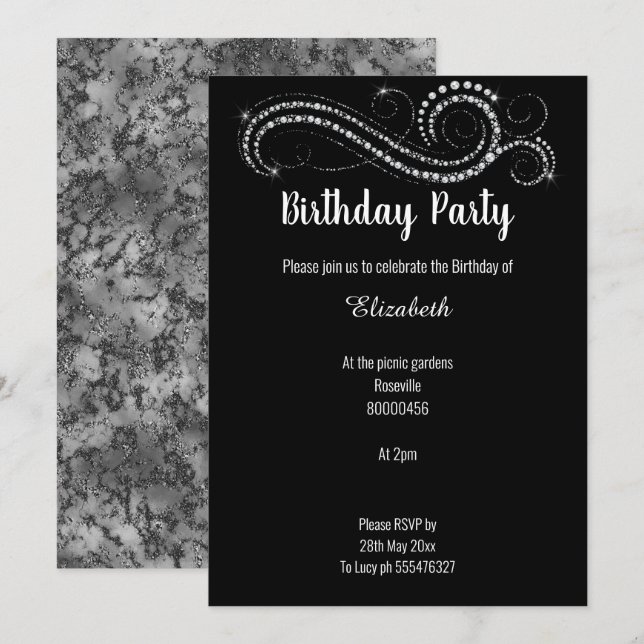 INVITACIÓN CUMPLEAÑOS DE DIAMANTE DE MÁRMOL NEGRO ELEGANTE Y  (Anverso / Reverso)