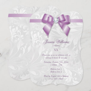 Invitación Cumpleaños de Diamante Lila con Lazo y Damasco
