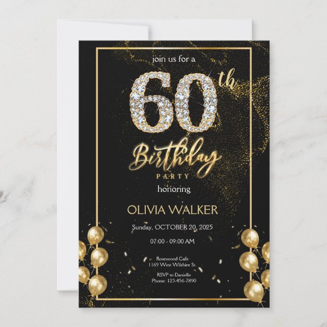 Invitación Cumpleaños de Diamante Negro y Oro (Anverso)