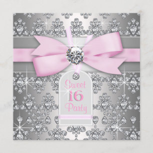 Invitación Cumpleaños de diamante plateado rosa y gris