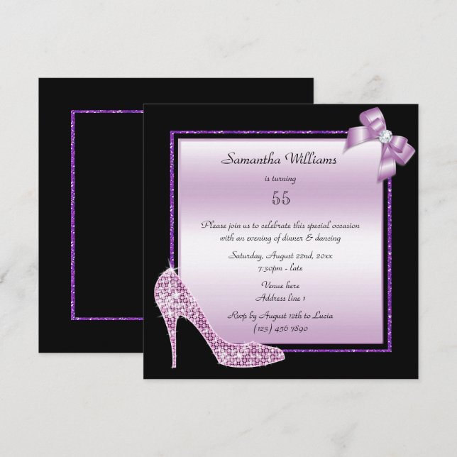 Invitación Cumpleaños de Diamond Stiletto & Romantic Bow (Anverso / Reverso)