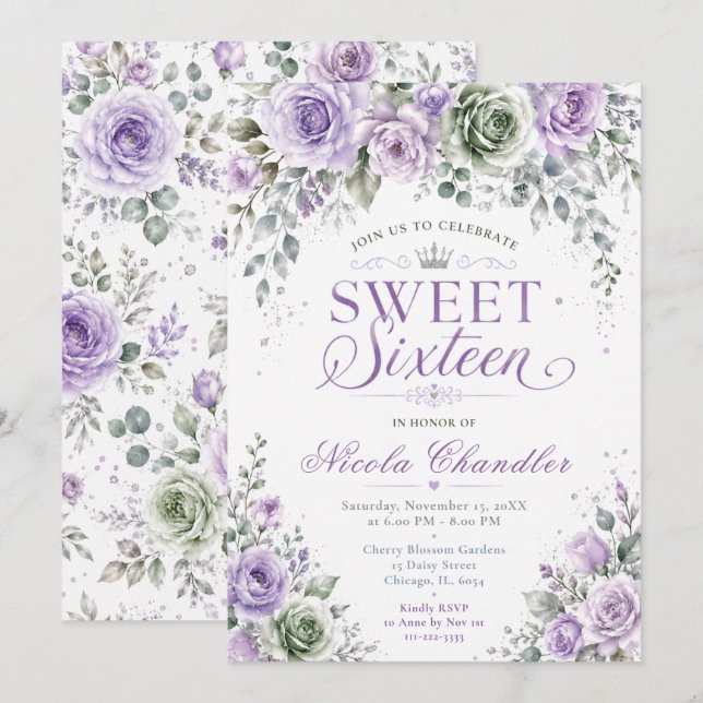 Invitación Cumpleaños de Dieciséis con Flor de Lavanda (Anverso / Reverso)