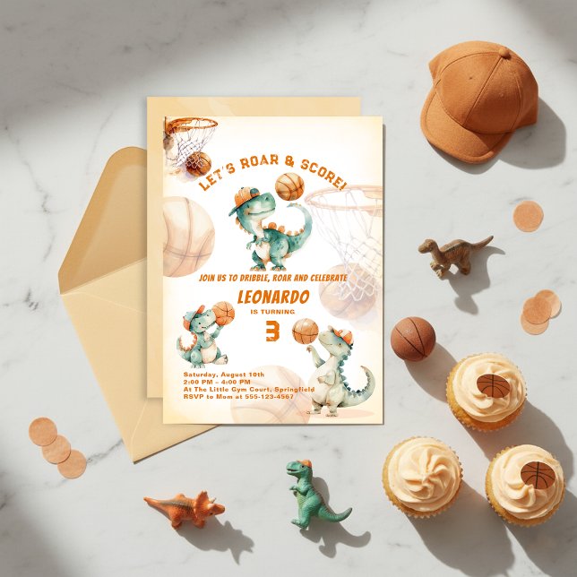 Invitación Cumpleaños de Dino Boy de Baloncesto Rugido y Punt (Subido por el creador)