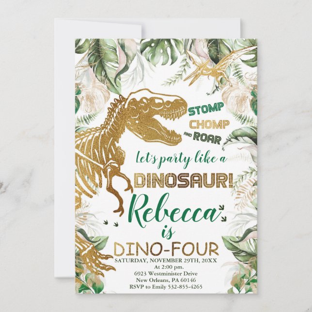 Invitación Cumpleaños de Dino-Cuatro Dinosaurios, Dino T-Rex (Anverso)