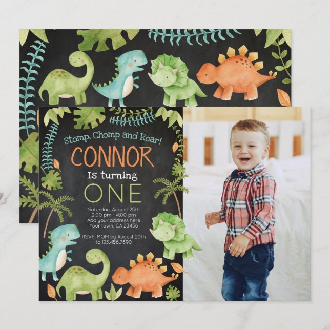 Invitación cumpleaños de Dinosaur con foto (Anverso / Reverso)