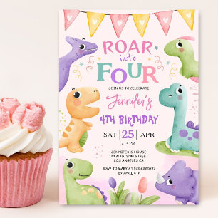 Invitación Cumpleaños de dinosaurio 4 años rosa lindo rugido
