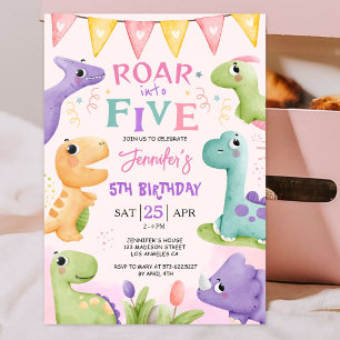 Invitación Cumpleaños de Dinosaurio 5 años Rosa Adorable Rugi