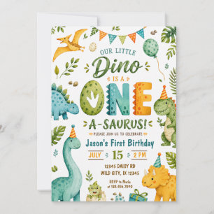 Invitación Cumpleaños de dinosaurio acuarela 1 año