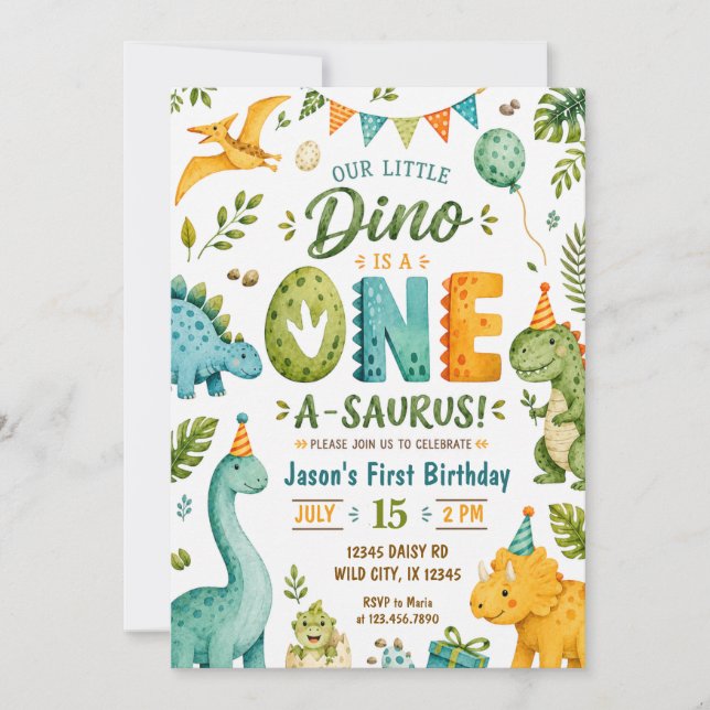 Invitación Cumpleaños de dinosaurio acuarela 1 año (Anverso)