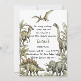 Invitación Cumpleaños de dinosaurio acuarela verde terroso ju