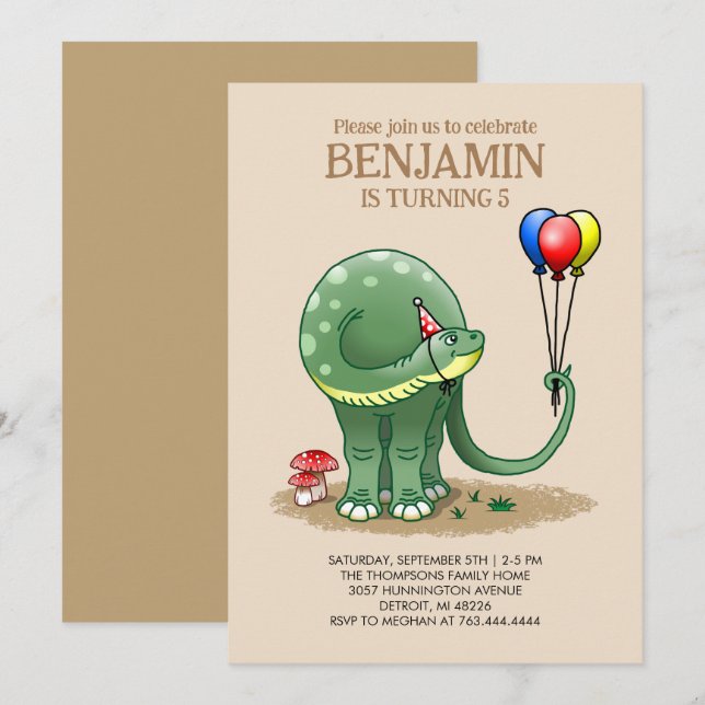 Invitación Cumpleaños de dinosaurio con globos (Anverso / Reverso)