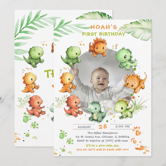 Invitación Cumpleaños de Dinosaurio Con Opción de Foto (Anverso / Reverso)