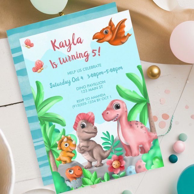 Invitación Cumpleaños de dinosaurio de niña (Girl's Dinosaur Birthday Party Invitation)