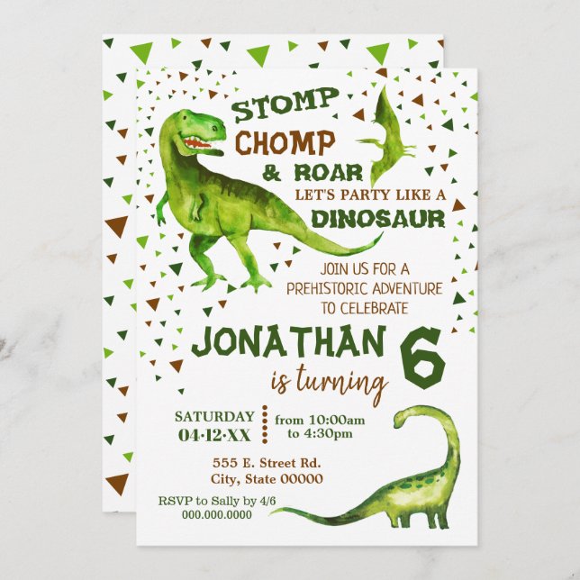 Invitación Cumpleaños de dinosaurio Dino T-Rex fiesta prehist (Anverso / Reverso)