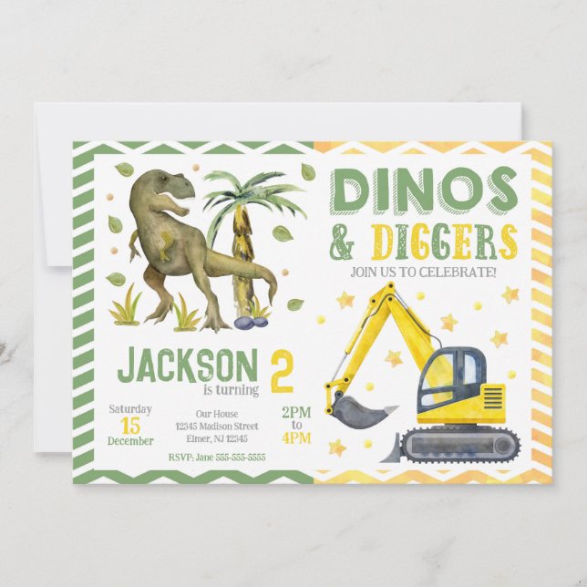 Invitación Cumpleaños de Dinosaurio y Construcción (Anverso)