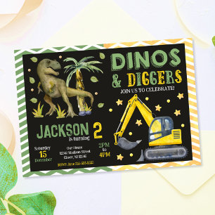 Invitación Cumpleaños de Dinosaurios y Excavadoras Dinosaurio