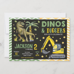 Invitación Cumpleaños de Dinosaurios y Excavadoras Dinosaurio