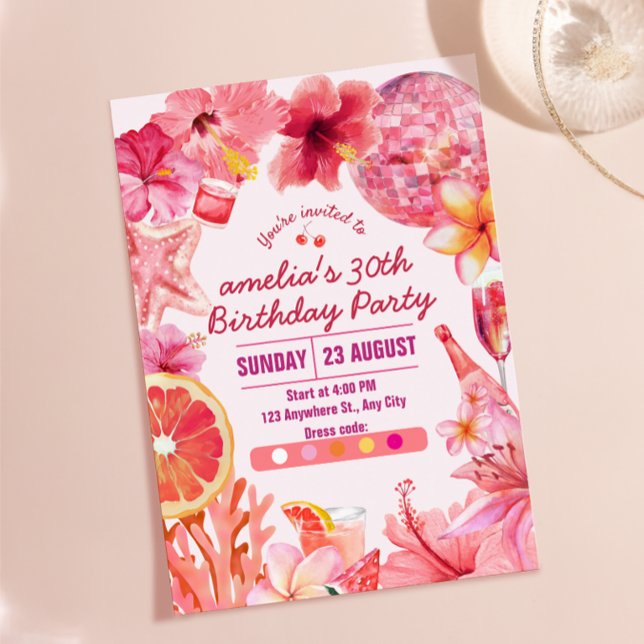 Invitación Cumpleaños de Disco Tropical de Verano Rosa Fiesta (Tropical Disco Birthday Summer Pink Party Birthday Invitation)