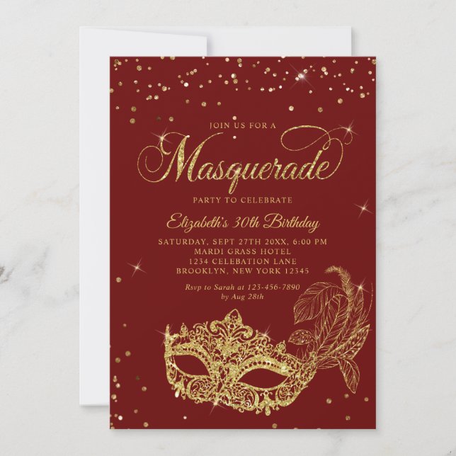 Invitación Cumpleaños de disfraz de purpurina dorada de Borgo (Anverso)