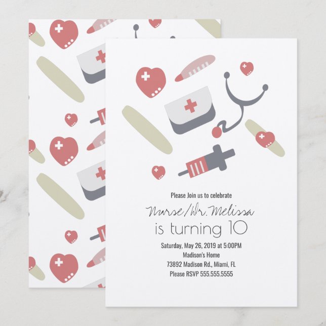 Invitación Cumpleaños de Doctor Enfermera Fiesta Patrón Médic (Anverso / Reverso)