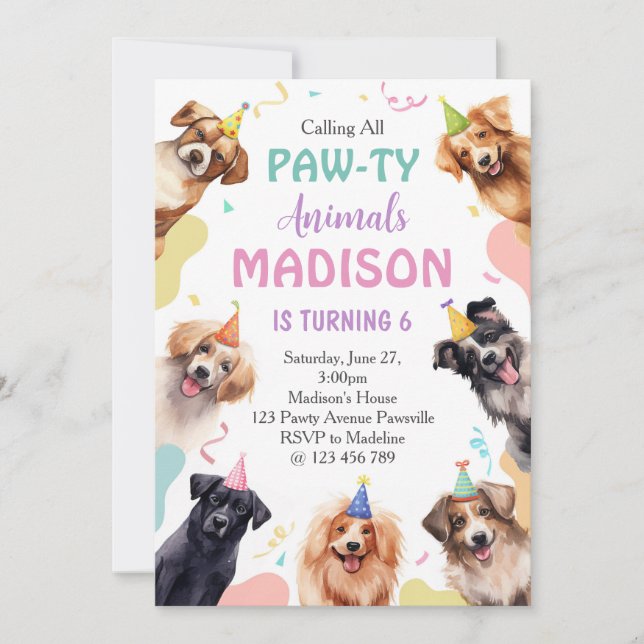 Invitación Cumpleaños de Dog Pawty (Anverso)