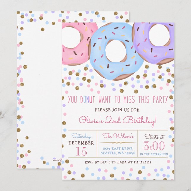 Invitación Cumpleaños de donas de rosa confeti dorado (Anverso / Reverso)
