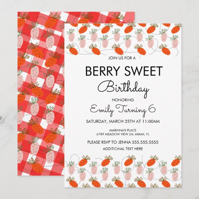 Invitación Cumpleaños de doodle blanco de fresas rosadas  (Anverso / Reverso)
