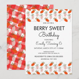 Invitación Cumpleaños de doodle blanco de fresas rosadas 