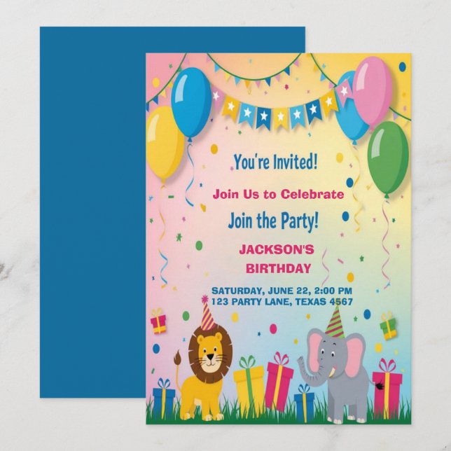 Invitación Cumpleaños de Dos Animales Safari (Anverso / Reverso)