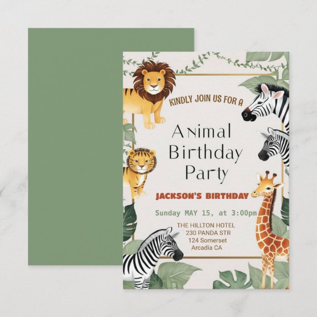 Invitación Cumpleaños de dos animales salvajes de Safari (Anverso / Reverso)