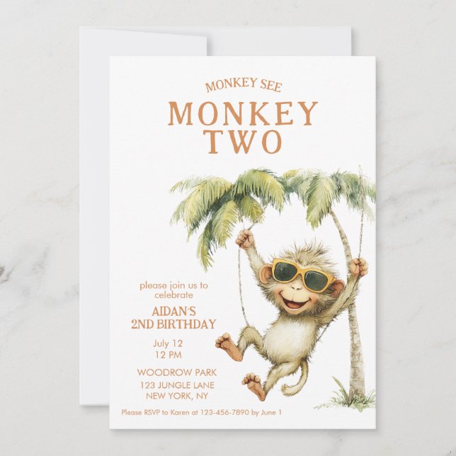 Invitación Cumpleaños de dos años de Mono Ve Mono (Anverso)