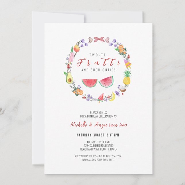 Invitación Cumpleaños de dos Chicas Fruitti, segundo cumpleañ (Anverso)