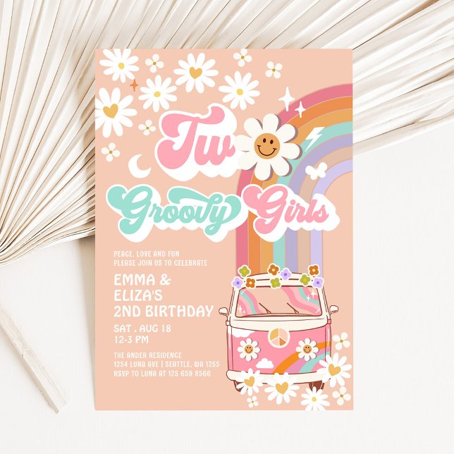 Invitación Cumpleaños de dos chicas geniales Twin Daisy Rainb (Subido por el creador)